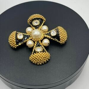 Vintage Large Maltese Cross
Brooch Gold Tone Black Enamel
Faux Pearls Rhinestone